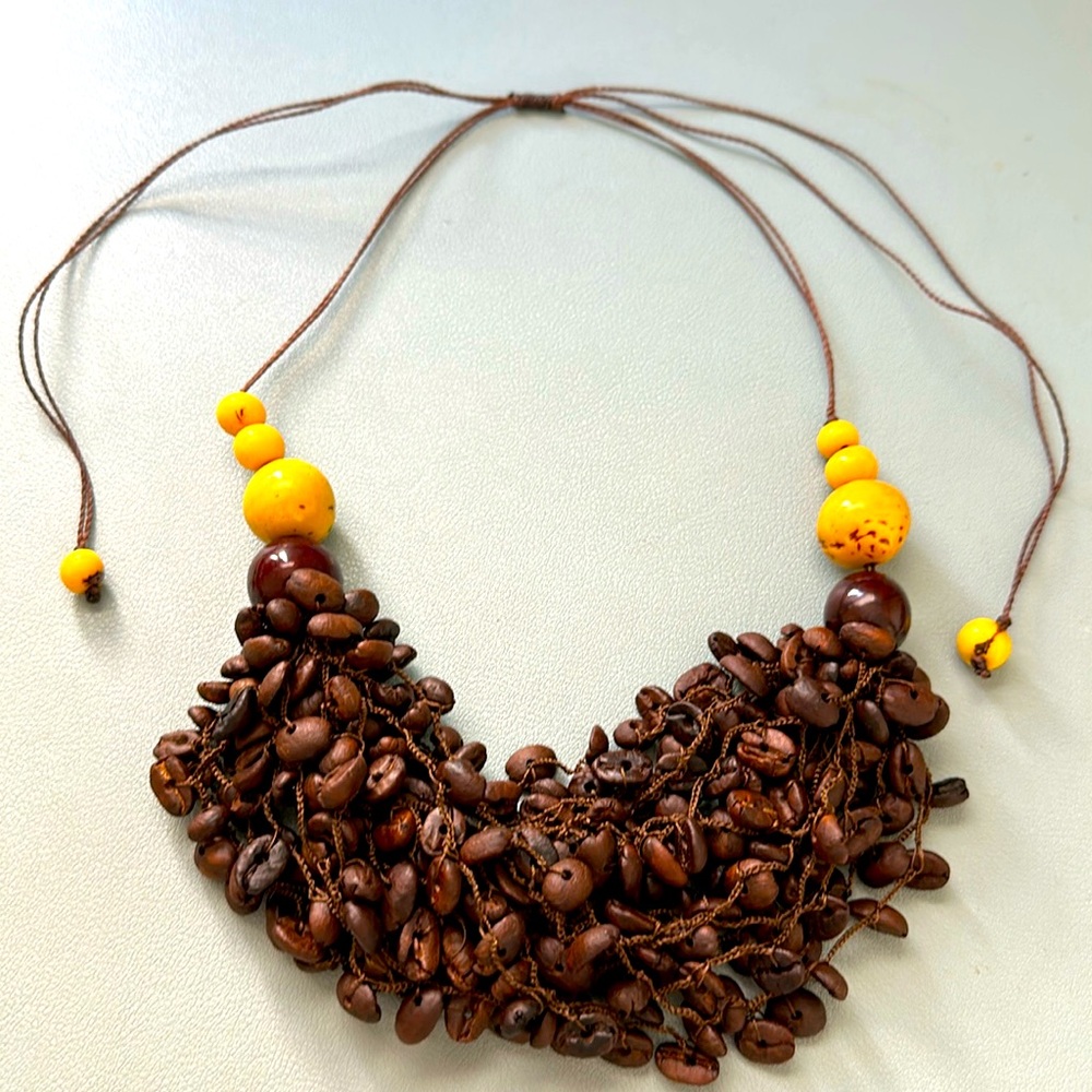 Handmade coffee bean necklace purchased in Columbia